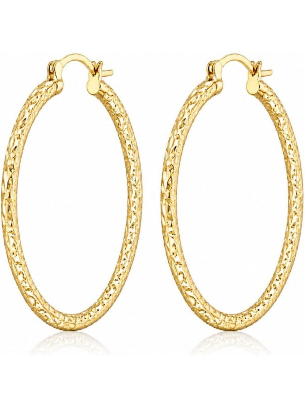 Elegant 14K Gold Large Textured Hoop Earrings with Leaf Design - Perfect for